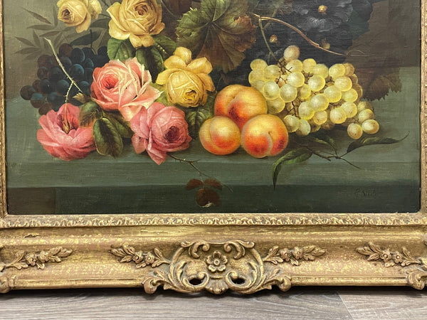 Oil Painting Pink Yellow Roses Peaches & Grapes By Edwin Steele 1837-1919 - Cheshire Antiques Consultant