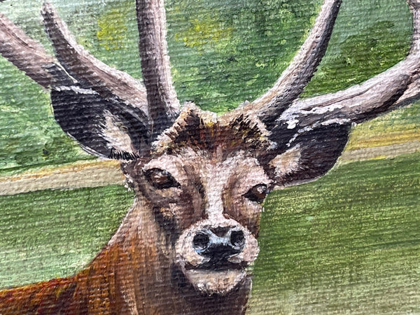 Oil Painting Stag Old Google Eyes Scottish Highlands Loch Morlich - Cheshire Antiques Consultant