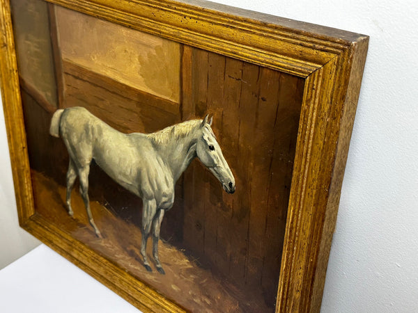 Oil Painting Victorian Equine White Horse In Stable by Godfrey Douglas Giles - Cheshire Antiques Consultant
