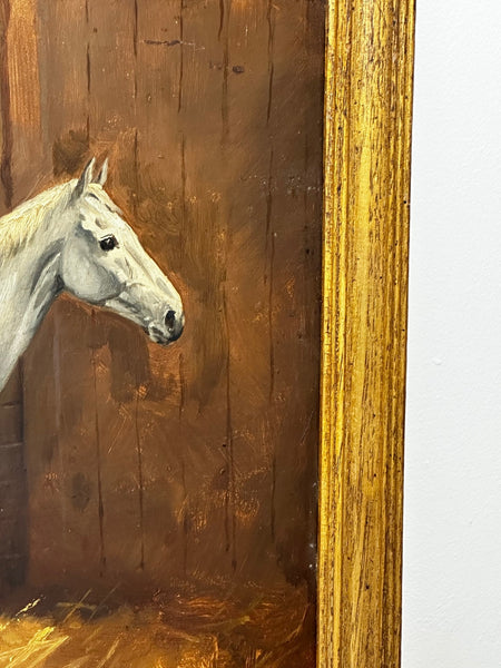 Oil Painting Victorian Equine White Horse In Stable by Godfrey Douglas Giles - Cheshire Antiques Consultant