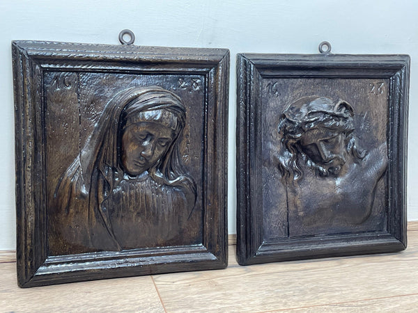 Pair Antique Belgium Religious Mary & Jesus Wall Plaster Plaque Sculptures - Cheshire Antiques Consultant