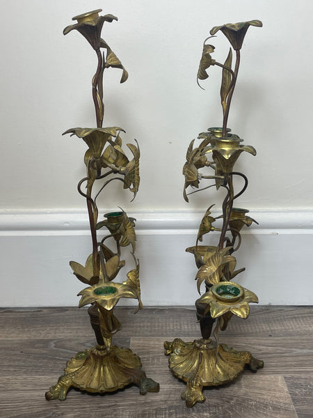 Pair Art Nouveau French Gilt Bronze 5 Branch Candelabra's - Cheshire Antiques Consultant
