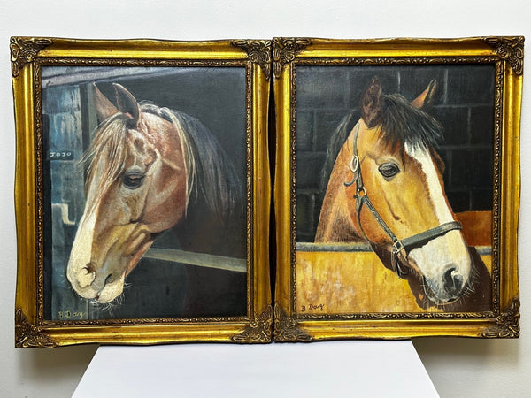 Pair Equine British Oil Paintings Thoroughbred Horses In Stable By B Day - Cheshire Antiques Consultant