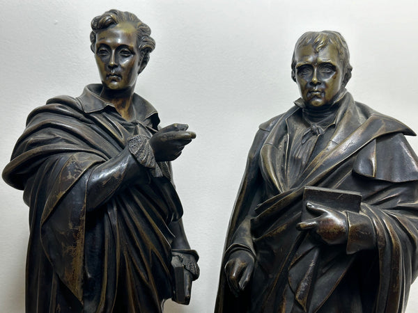 Pair Victorian Bronzes Novelist Poets Lord Byron & Sir Walter Scott Sculptures - Cheshire Antiques Consultant