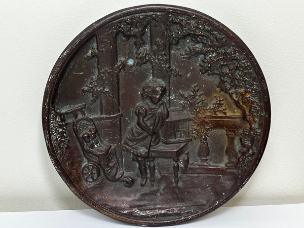 Round British 19th Century Bronze Wall Plaque Girl Playing Garden Summer House - Cheshire Antiques Consultant