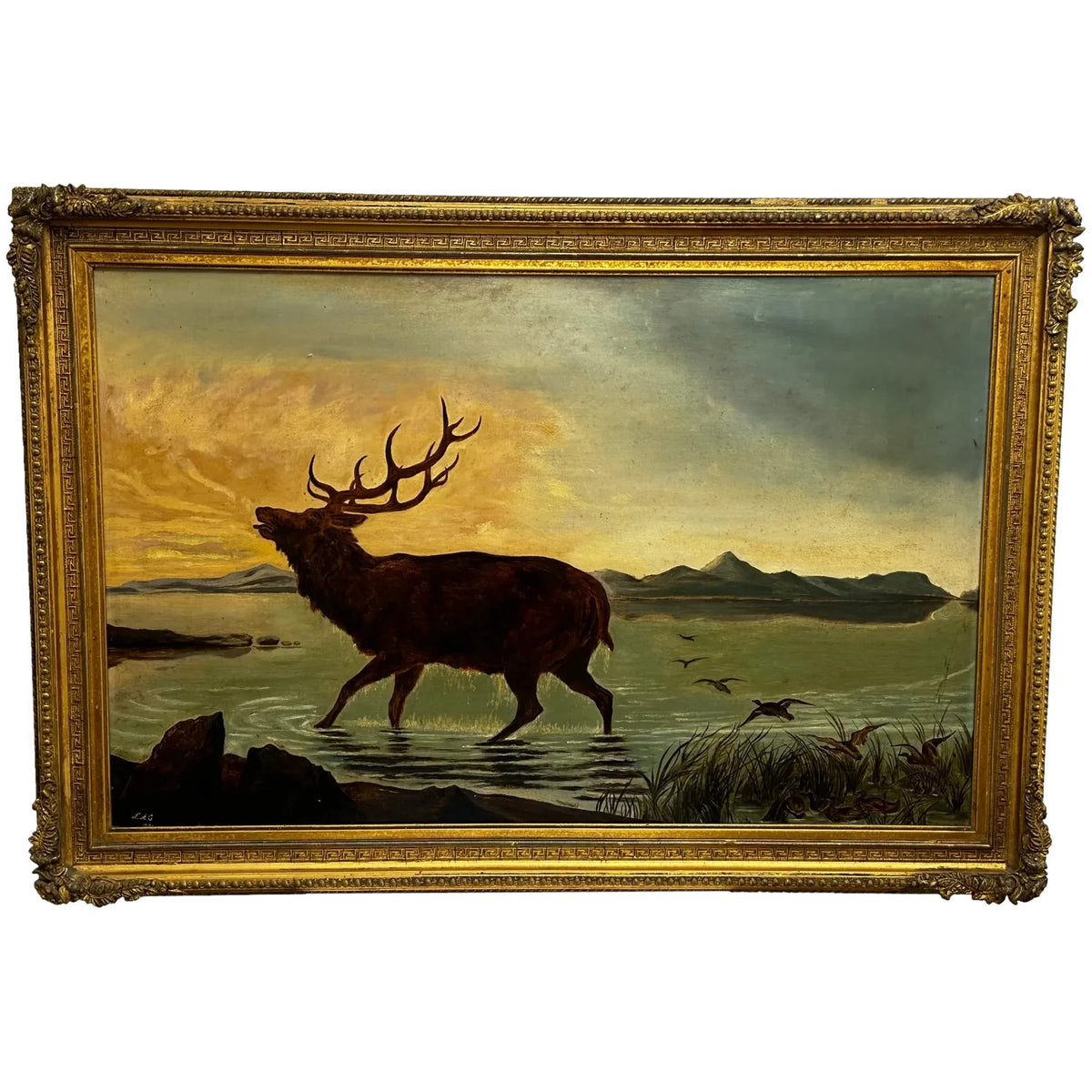 Victorian Oil Painting Wild Stag Male Deer Scottish Highlands Wading ...